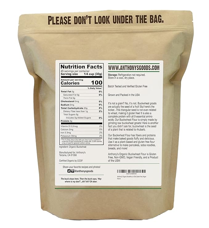 Anthony's Organic Buckwheat Flour is a high-quality, gluten-free flour made from 100% organic buckwheat grown in the USA. Buckwheat is a nutrient-dense grain that is naturally gluten-free and suitable for vegan diets, making it a versatile and healthy option for baking and cooking.