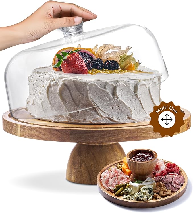 Acacia Wood Cake Stand with Lid - 12 in Round Cake Holder, 2-in-1 Dessert Table Display Set & Charcuterie Board