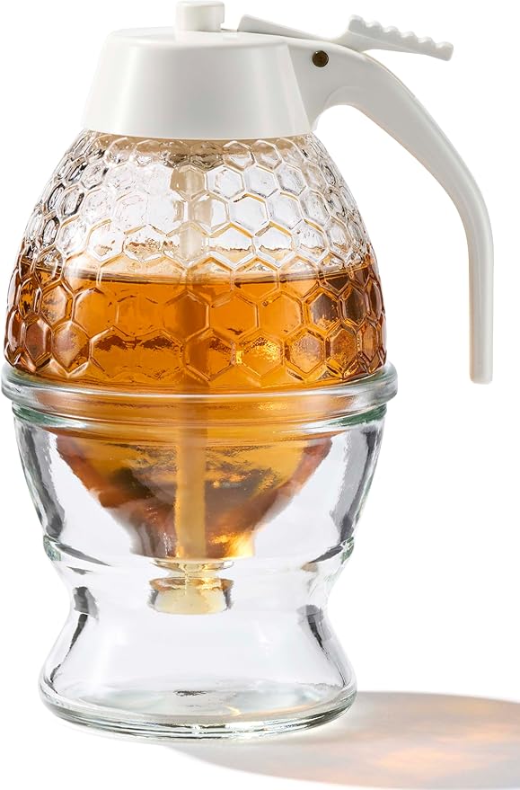 Glass Syrup & Honey Dispenser – No Drip Design with Food-Safe ABS White Lid, Elegant Jar for Kitchen or Table