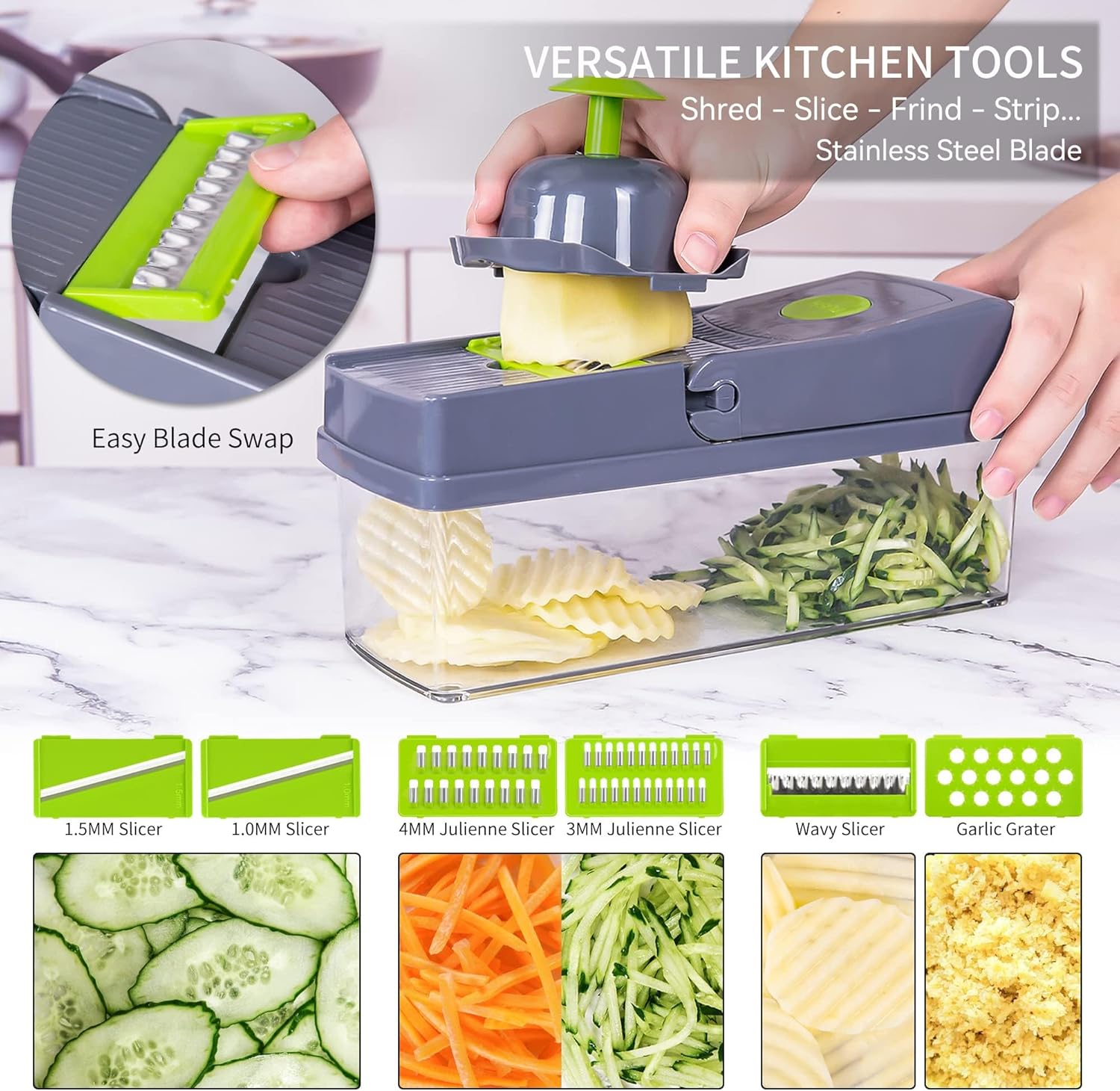 14-in-1 Vegetable Chopper w 8 Stainless Steel Blades Grey