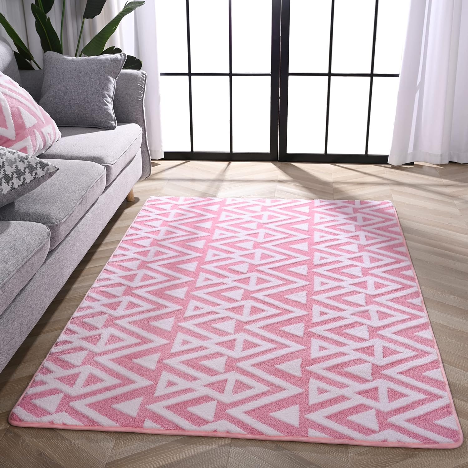 Ompaa Ultra Soft Shaggy Rug 5x8 Feet Pink Geometric Textured Carpet