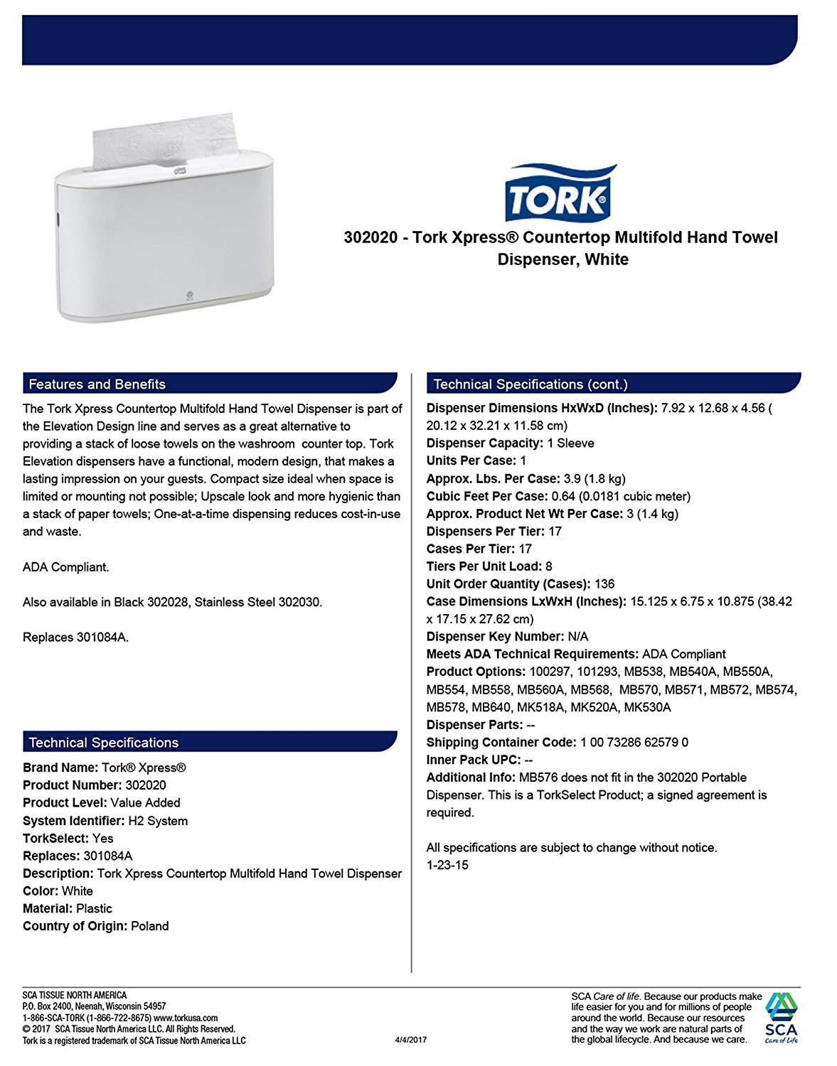 Tork 302020 Xpress Countertop Towel Dispenser - White