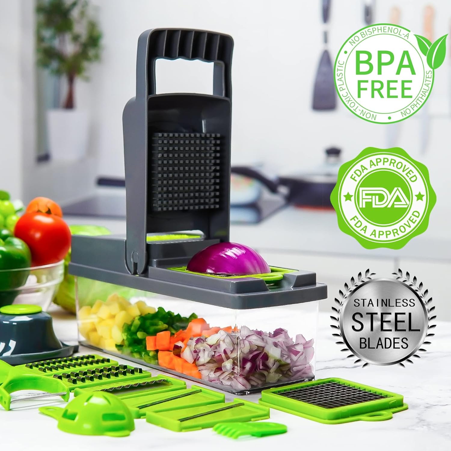 14-in-1 Vegetable Chopper w 8 Stainless Steel Blades Grey