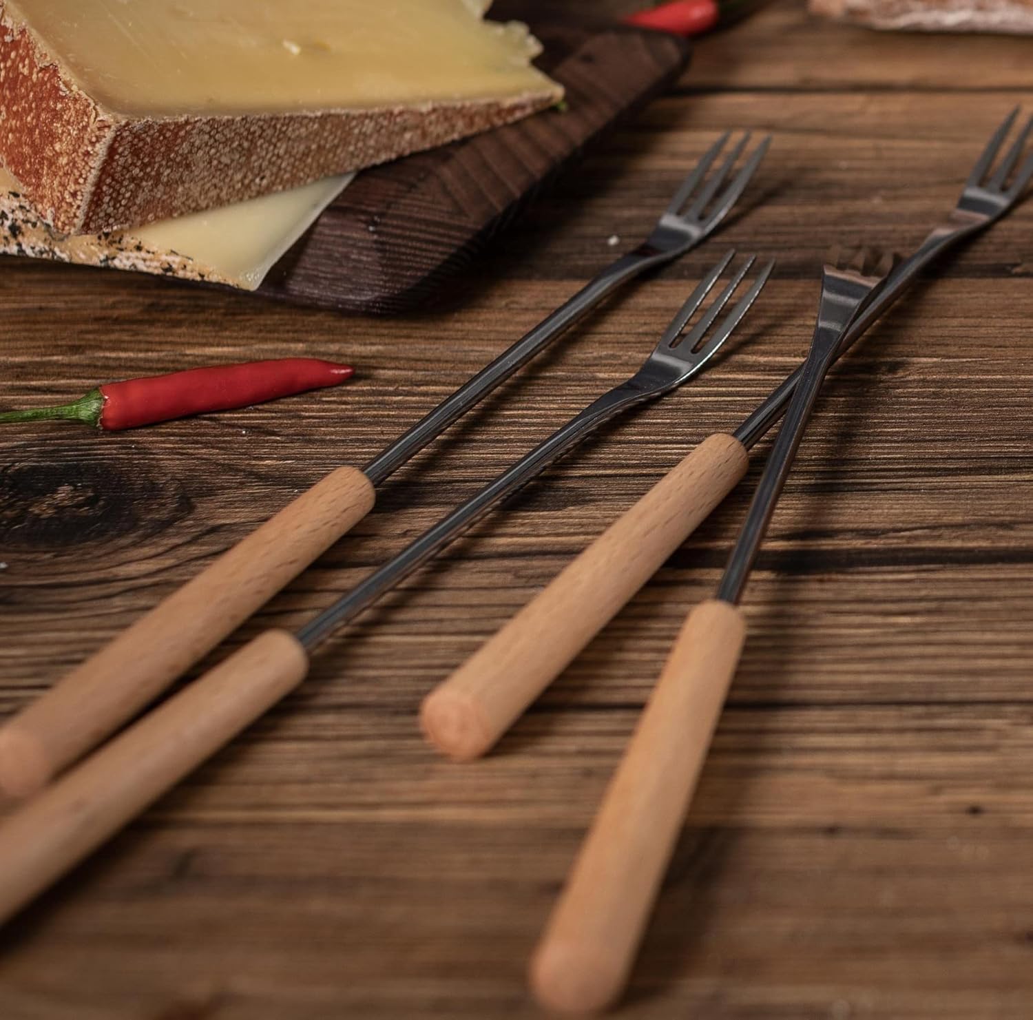 Kuhn Rikon Cheese Fondue Forks Beech Wood Set of 4