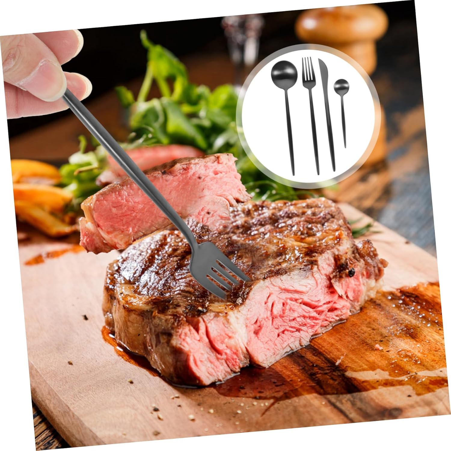 Stainless Steel Serving Set - Black Forks Spoons