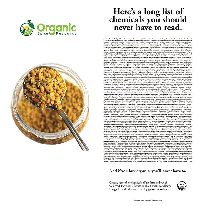Fenugreek seeds have a slightly bitter and nutty flavor, making them a popular ingredient in Indian and Middle Eastern cuisine. They are also known for their numerous health benefits, such as aiding digestion, regulating blood sugar levels, and boosting milk production in breastfeeding mothers. Add Organic Fenugreek Seeds to your spice cabinet for a flavorful and nutritious addition to your meals. Description by ChatGPT.