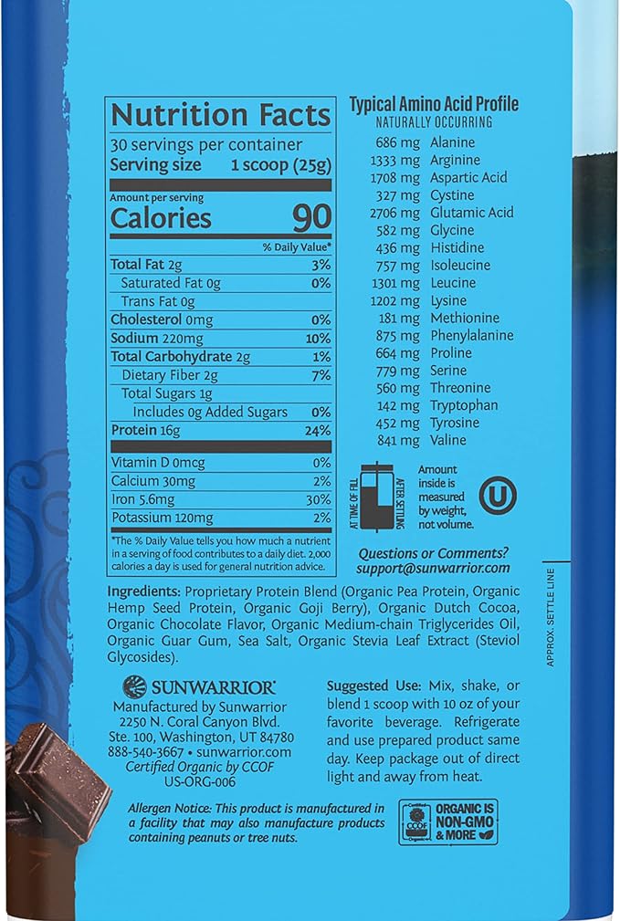 Sunwarrior's Warrior Blend is a vegan organic protein powder that is plant-based and free from common allergens such as soy, dairy, and gluten. It is made with a blend of pea, hemp, and goji berry proteins, providing a complete amino acid profile essential for muscle recovery and growth. The protein powder is rich in BCAA (branched-chain amino acids) which help to support muscle protein synthesis and overall athletic performance.
