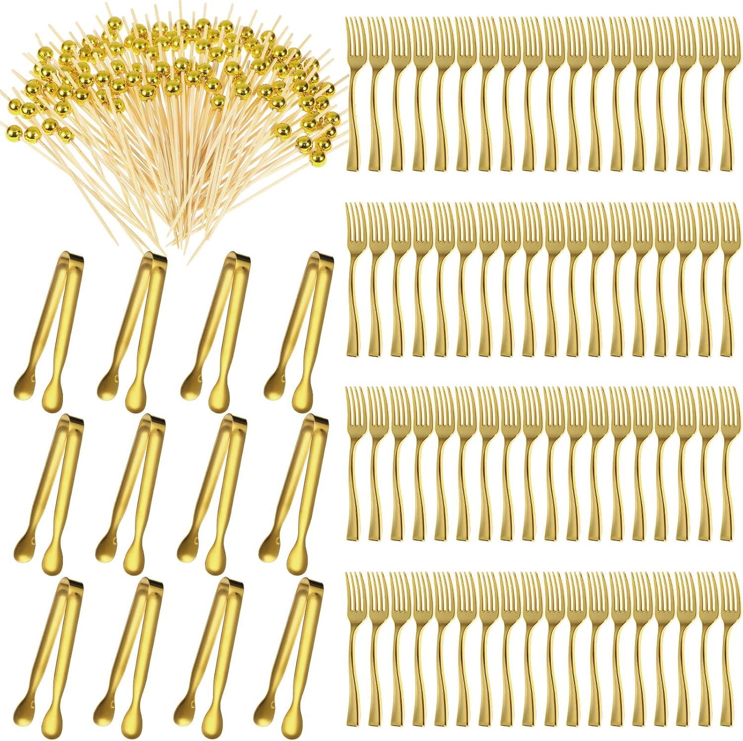 Therwen Gold Cocktail Picks and Appetizer Forks Set 184 Pcs
