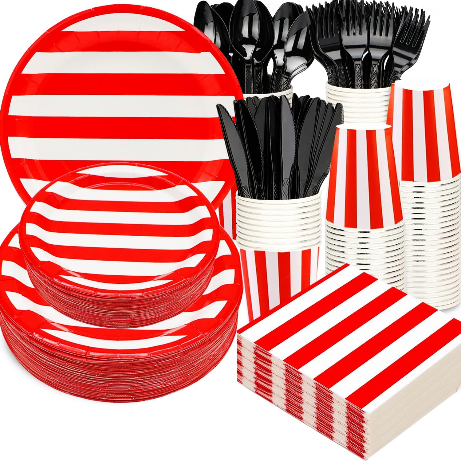 Bundled Up for Perfect Parties - 25 Pcs Red White Striped Party Supplies Set