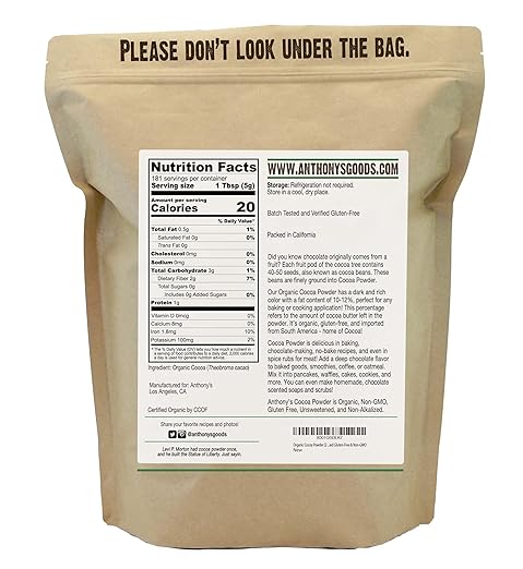 Anthony's Organic Cocoa Powder is a premium quality product that comes in a 2 lb resealable bag. It is certified USDA organic, gluten-free, and non-GMO, making it a great option for those with dietary restrictions or preferences. Made from 100% cocoa beans, this cocoa powder has a rich and intense flavor, perfect for baking, cooking, or making hot cocoa.