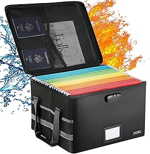 Upgraded Fireproof Document Box File Organizer with Lock, Portable File Cabinet Box Storage Filing Cabinet with Adjustable Handle for Home Office for Hanging Letter/Legal Folder, Black