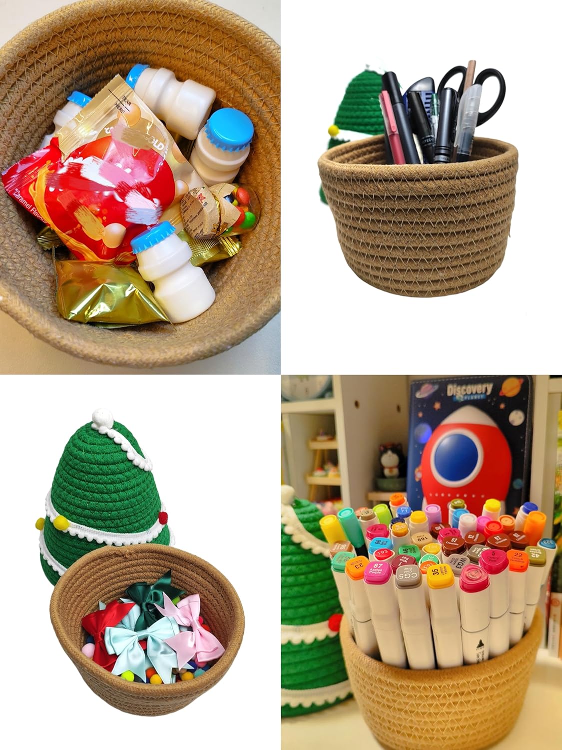 SINGLIN Christmas Tree Woven Basket with Lid and Pom-Poms