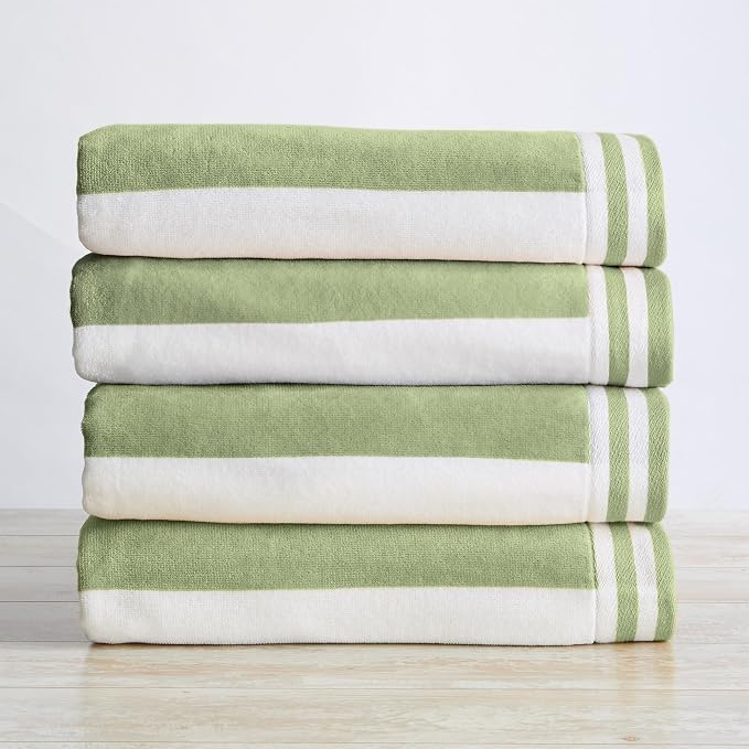 Great Bay Home 100% Cotton Velour 4 Pack Beach Towels - Green/White Cabana Stripe Pool Towels - Quick Dry, Large Swim Towels for Adults and Kids (4 Pack 30" x 60", Eucalyptus Green/White)