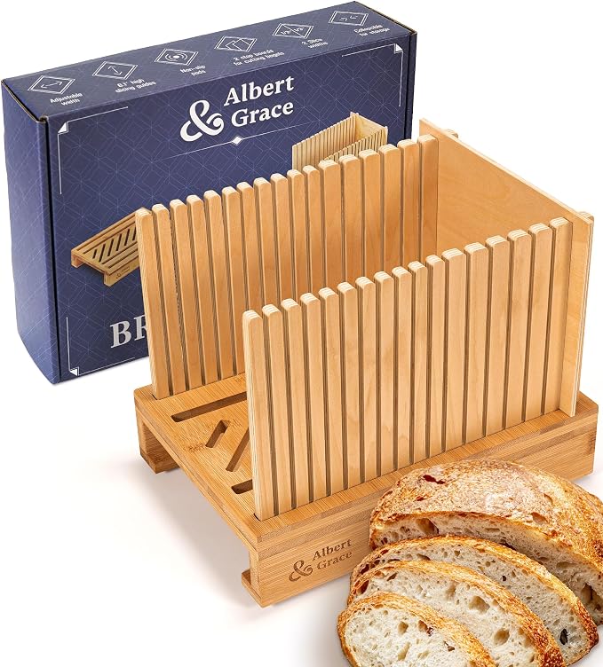 Albert&Grace Bamboo Bread Slicer for Homemade Bread – Adjustable Width Slicing Guides, Compact & Foldable Loaf Cutter for Perfect Slices & Halving Bagels