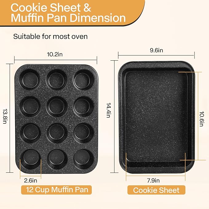 Bakeware Sets 6 Pcs, Non Stick Baking Pans Set, Black Speckled Kitchen Baking Set, Stackable, Easy Clean & Even Heating