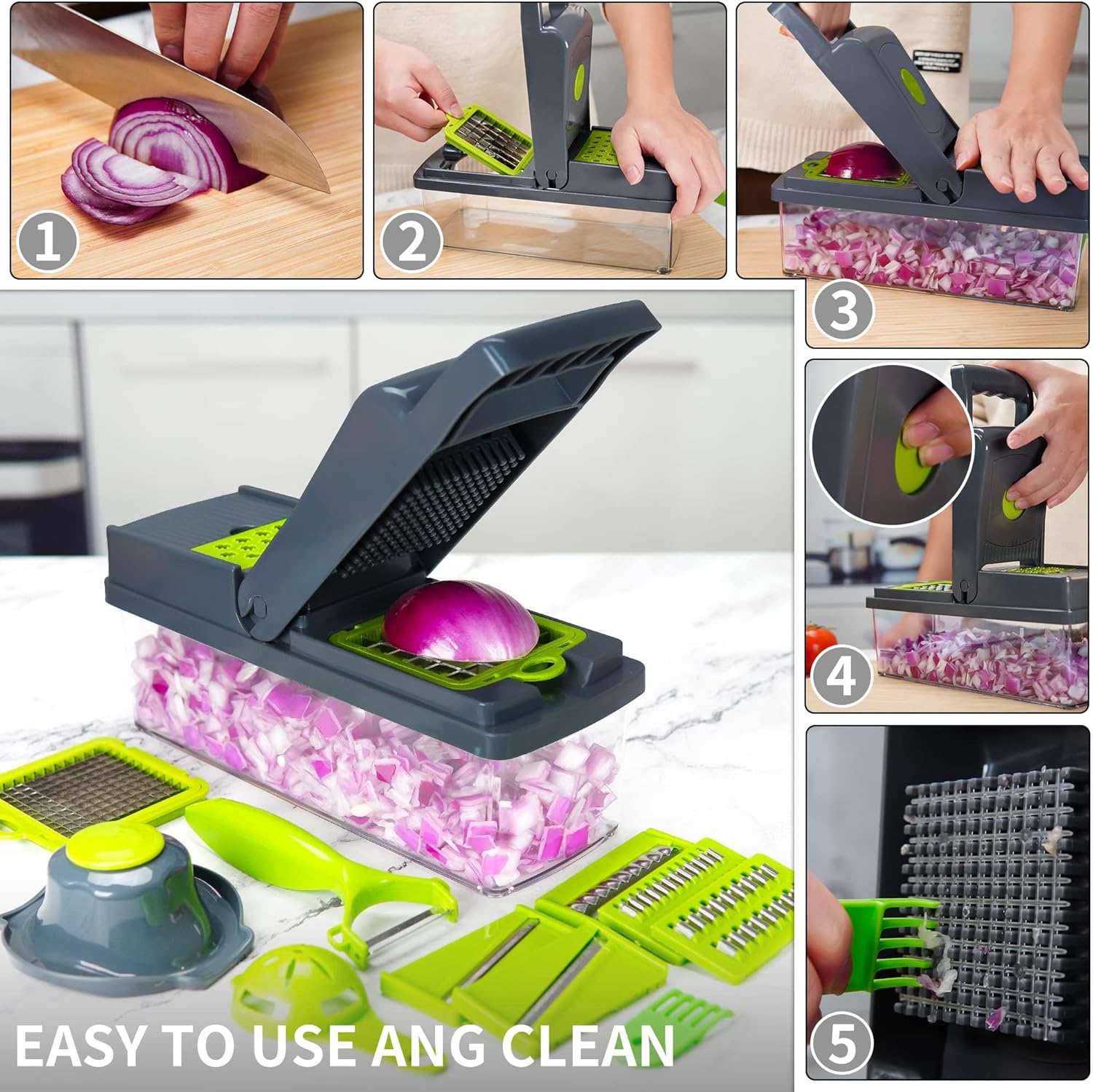 14-in-1 Vegetable Chopper w 8 Stainless Steel Blades Grey