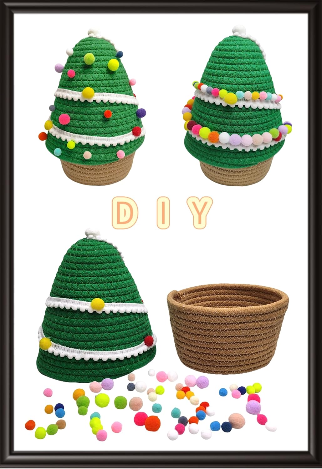 SINGLIN Christmas Tree Woven Basket with Lid and Pom-Poms