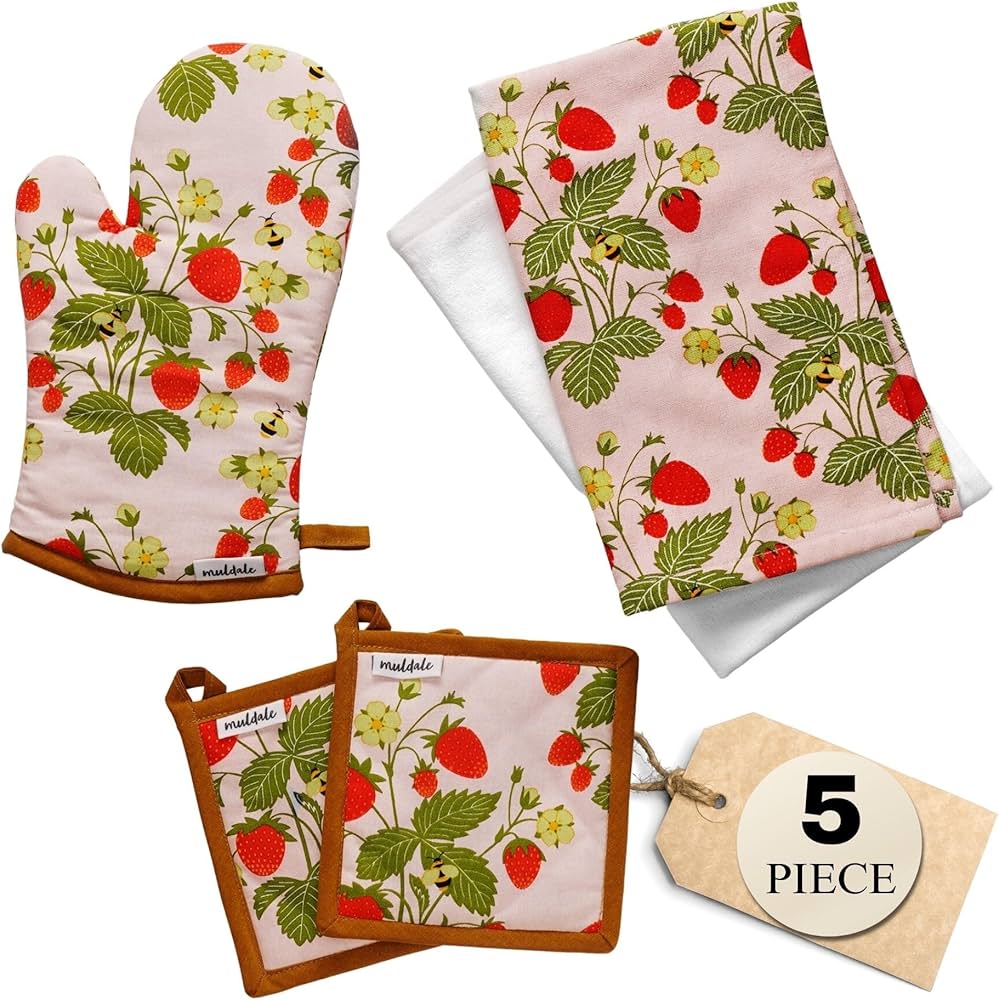 Muldale Oven Mitt and Kitchen Towel Set - Somerset Strawberry Dish Towels and Pot Holders - 5 Pack - Textiles Decor Accessories - Kitchen Mittens