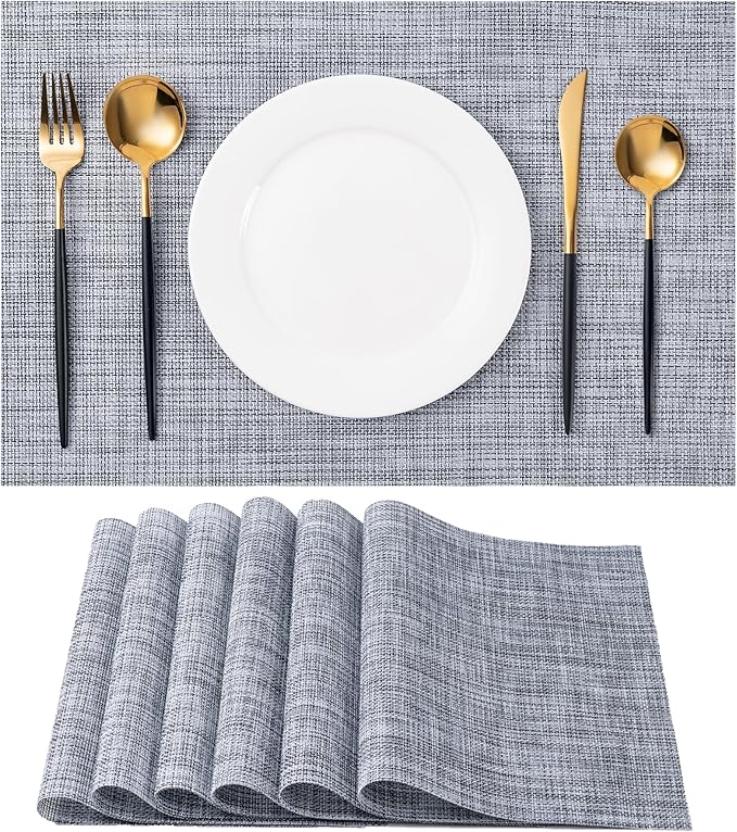 Placemats Set of 6 Washable Indoor/Outdoor Vinyl Place Mats for Dining Table Durable Non-Slip Heat Resistant PVC Weave Table Mats（Gray）