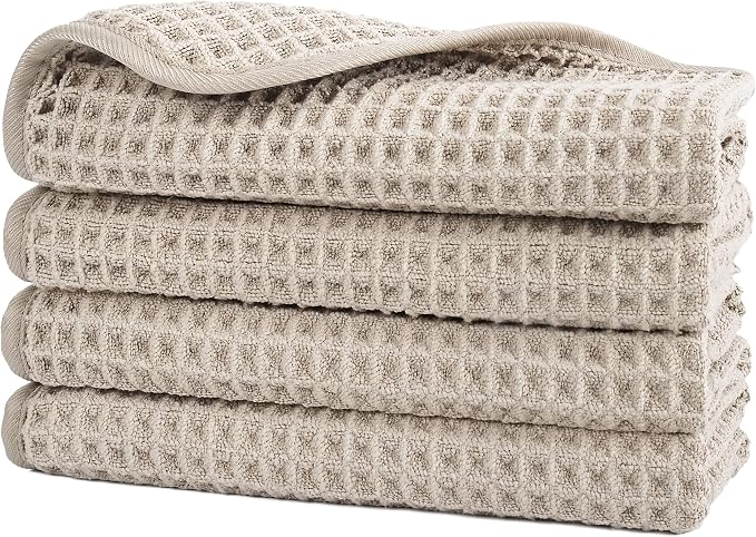 POLYTE Microfiber Lint Free Washcloth Face Towel, 13 x 13 in, 4 Pack (Beige, Waffle Weave)