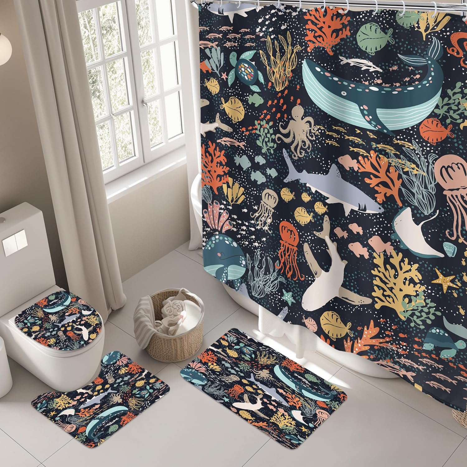 Riyidecor Kids Shark Fish 4Pcs Bathroom Set