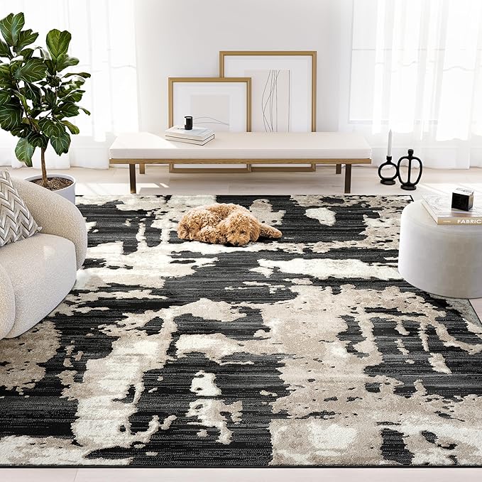 Amazon.com: Abani Terra Cream Area Rug for Living Room, Bedroom - Black Abstract Pattern - 6' x 9' - Durable & Easy to Clean : Home & Kitchen