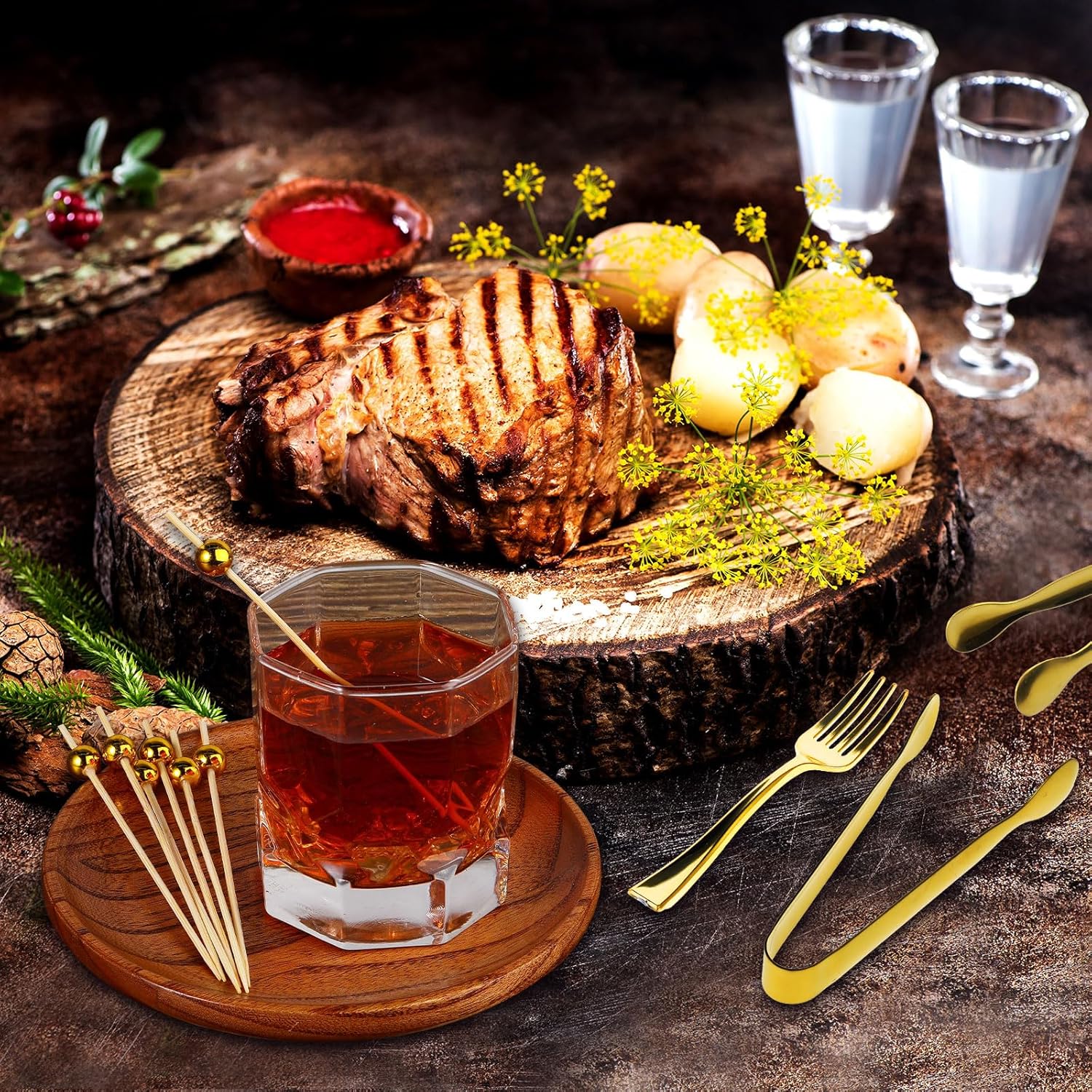 Therwen Gold Cocktail Picks and Appetizer Forks Set 184 Pcs