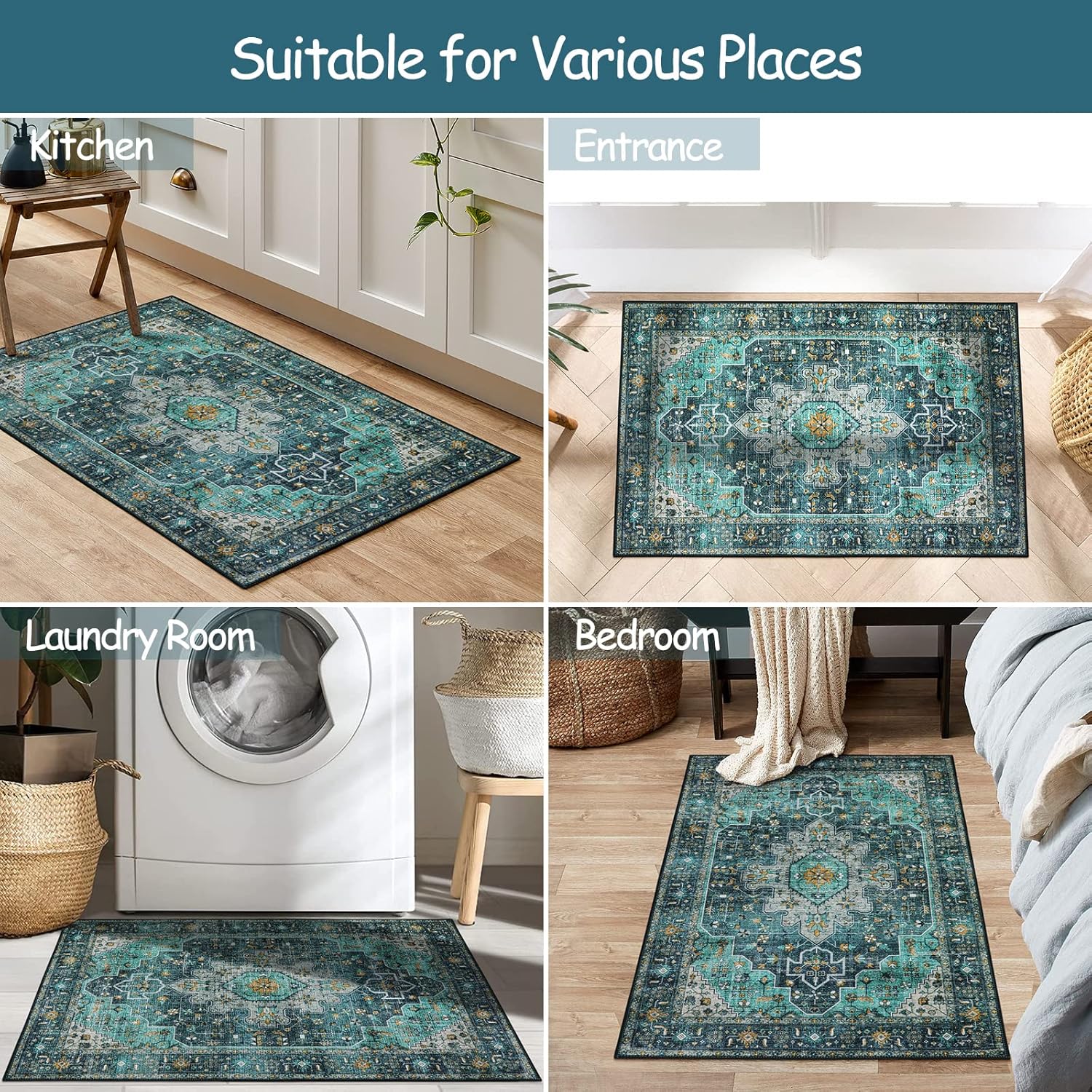 Moynesa Ultra-Thin Washable Area Rug - 2x3 Teal Entryway Mat 1