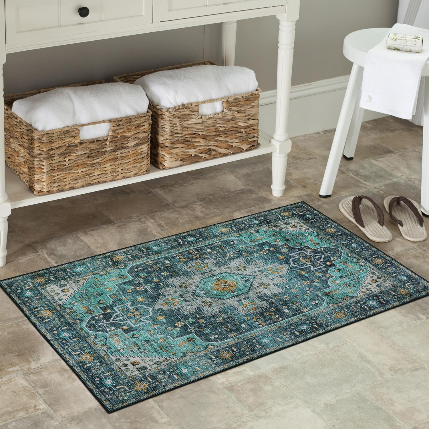 Moynesa Ultra-Thin Washable Area Rug - 2x3 Teal Entryway Mat 1