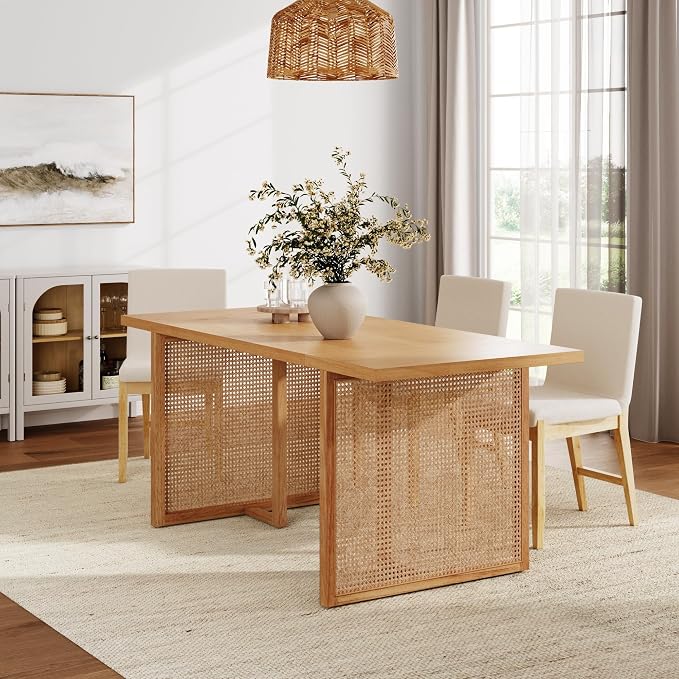 Nathan James Willow Boho Dining Table for 6 with Solid Wood Legs, 6-Person Natural Wood Dining Table, Warm Pine or Brown with Bohemian Rattan Accent
