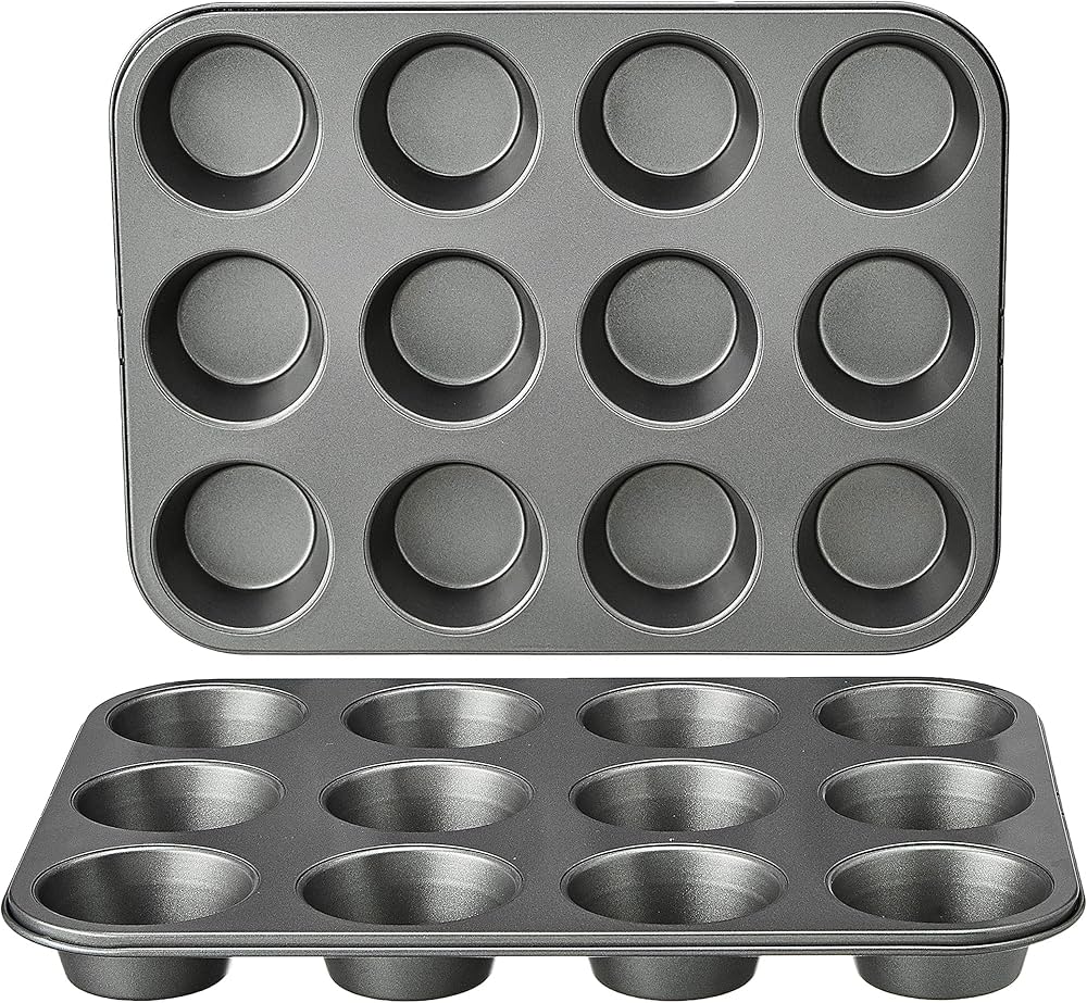 Amazon Basics Nonstick Round Muffin Baking Pan, 12 Cups, Set of 2, Gray, 13.9x10.55x1.22"