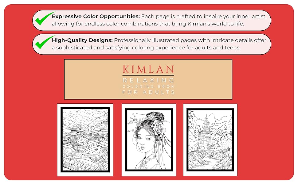 Kimlan: Relaing Coloring Book For Adults Art Illustrations Chinese 