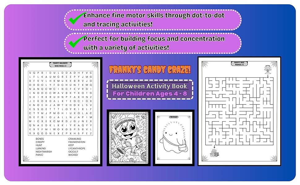Franky's Candy Craze! Halloween Activity Book for children word puzzle maze