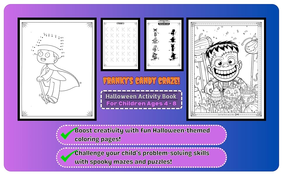 Franky's Candy Craze! Halloween Activity Book for children dot to dot coloring