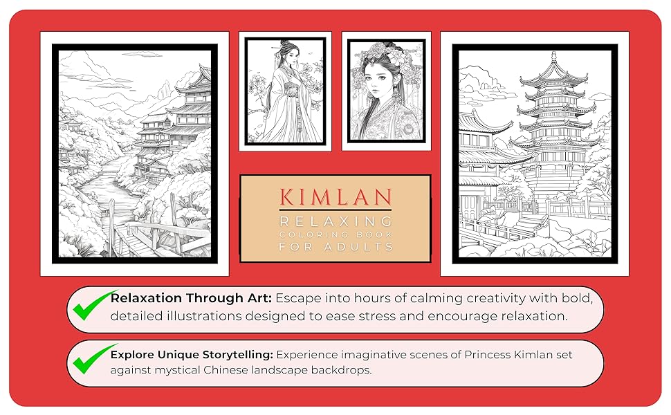 Kimlan: Relaing Coloring Book For Adults Art Illustrations Chinese 