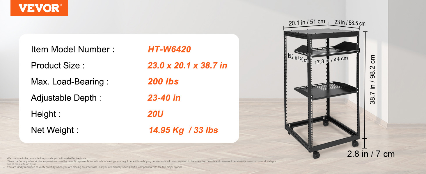 20U Open Frame Rack for Servers & AV Gear with 2 Vented Shelves